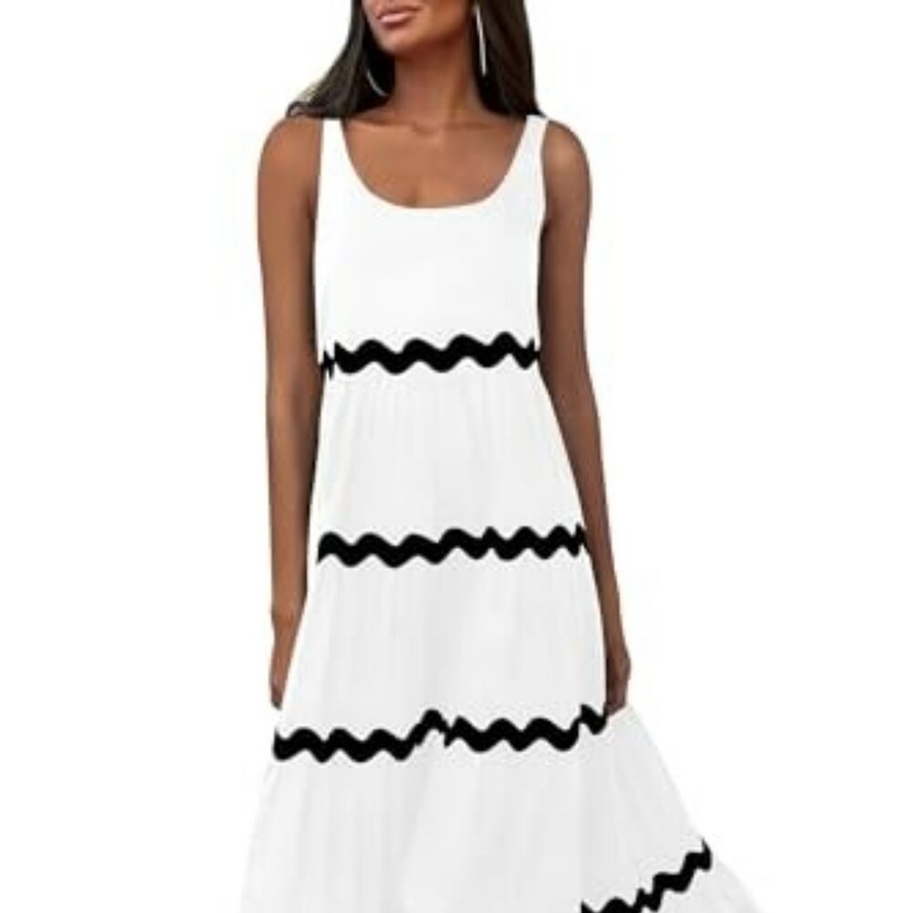 Pretty Garden (Amazon) White MaxI with Black Trim Lined Dress Sz Large